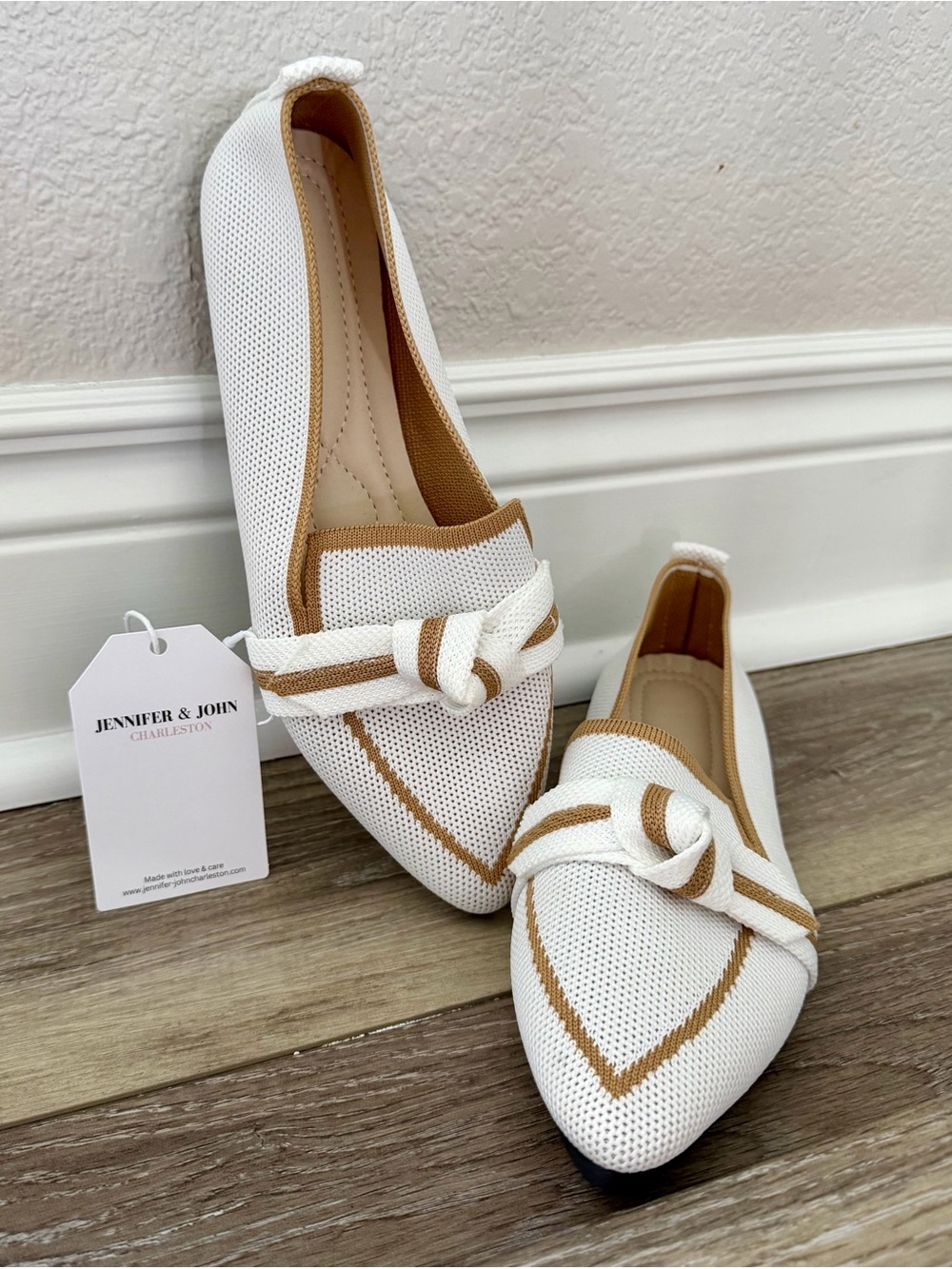Jennifer & John White and Tan woven Pointed Toe Loafers